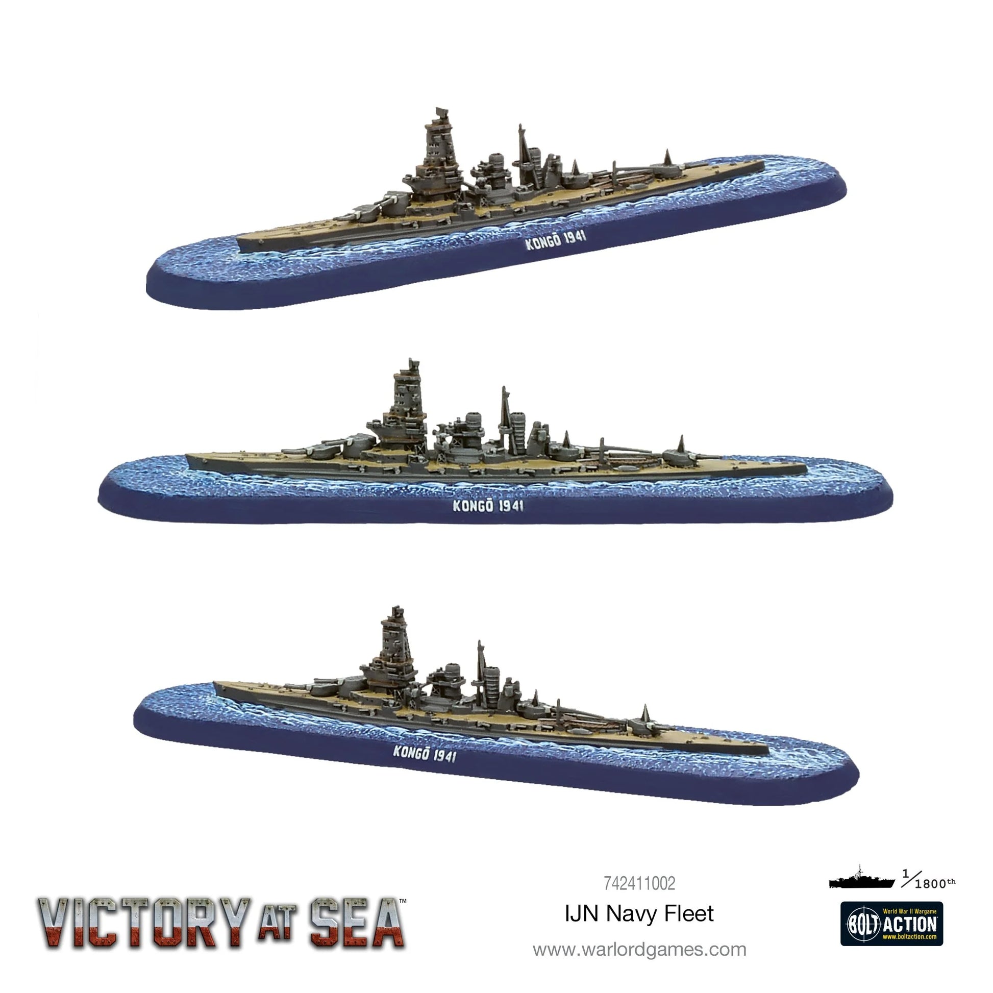 Pancernik Kongō 1941 – model żywiczny Victory at Sea w skali 1/1800, trzy ujęcia z różnych kątów
