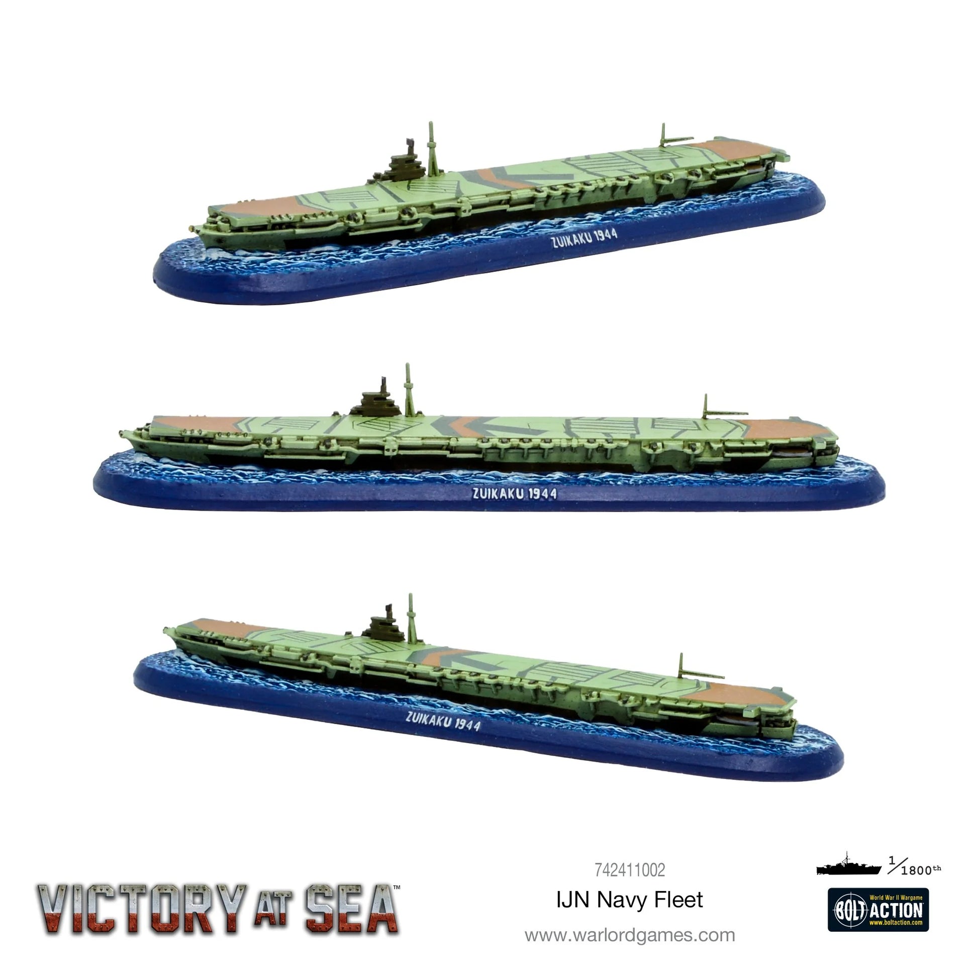 Lotniskowiec Zuikaku 1944 – model żywiczny Victory at Sea w skali 1/1800, trzy ujęcia z różnych kątów
