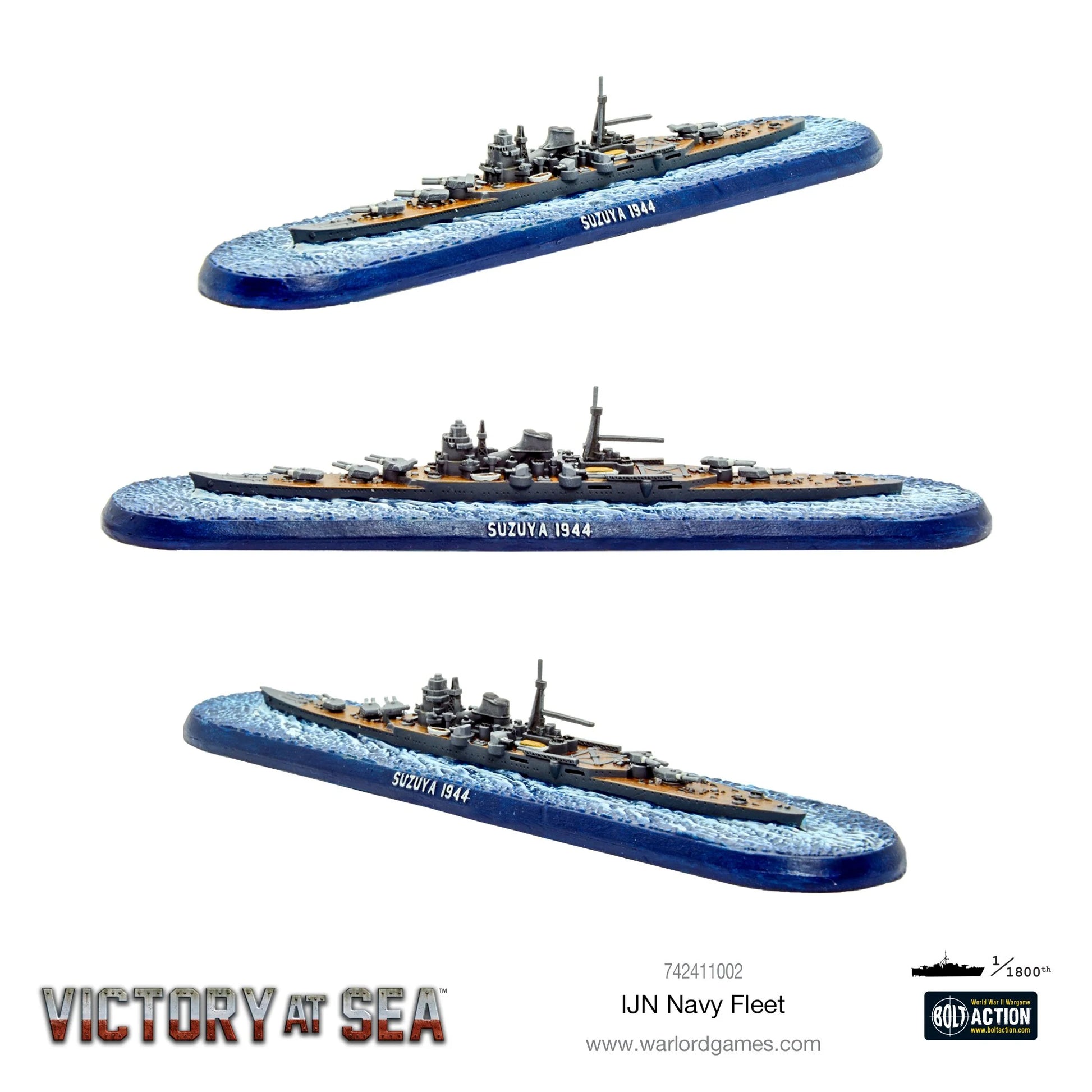 Krążownik Suzuya 1944 (klasa Mogami) – model żywiczny Victory at Sea w skali 1/1800, trzy ujęcia z różnych kątów
