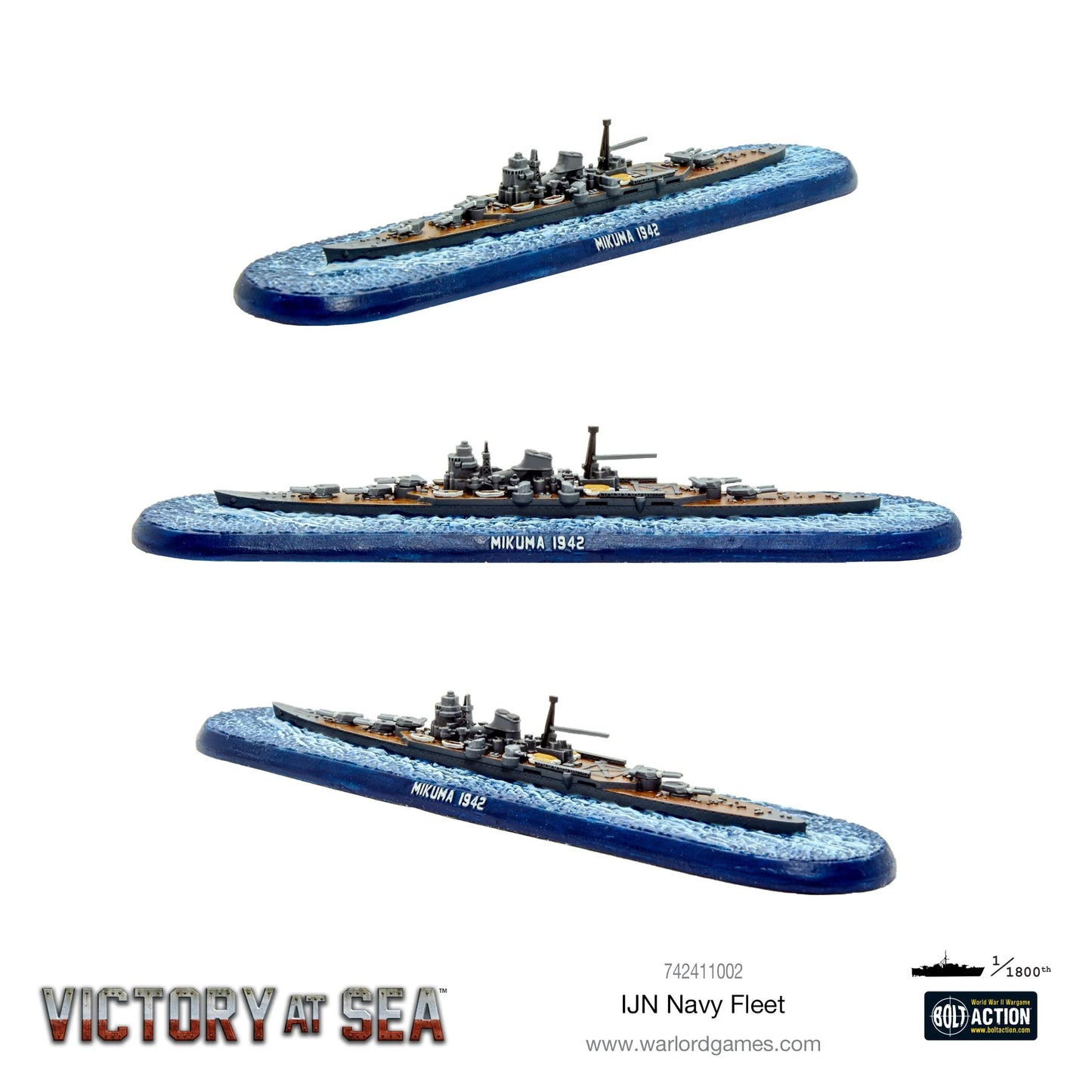 Krążownik Mikuma 1942 (klasa Mogami) – model żywiczny Victory at Sea w skali 1/1800, trzy ujęcia z różnych kątów
