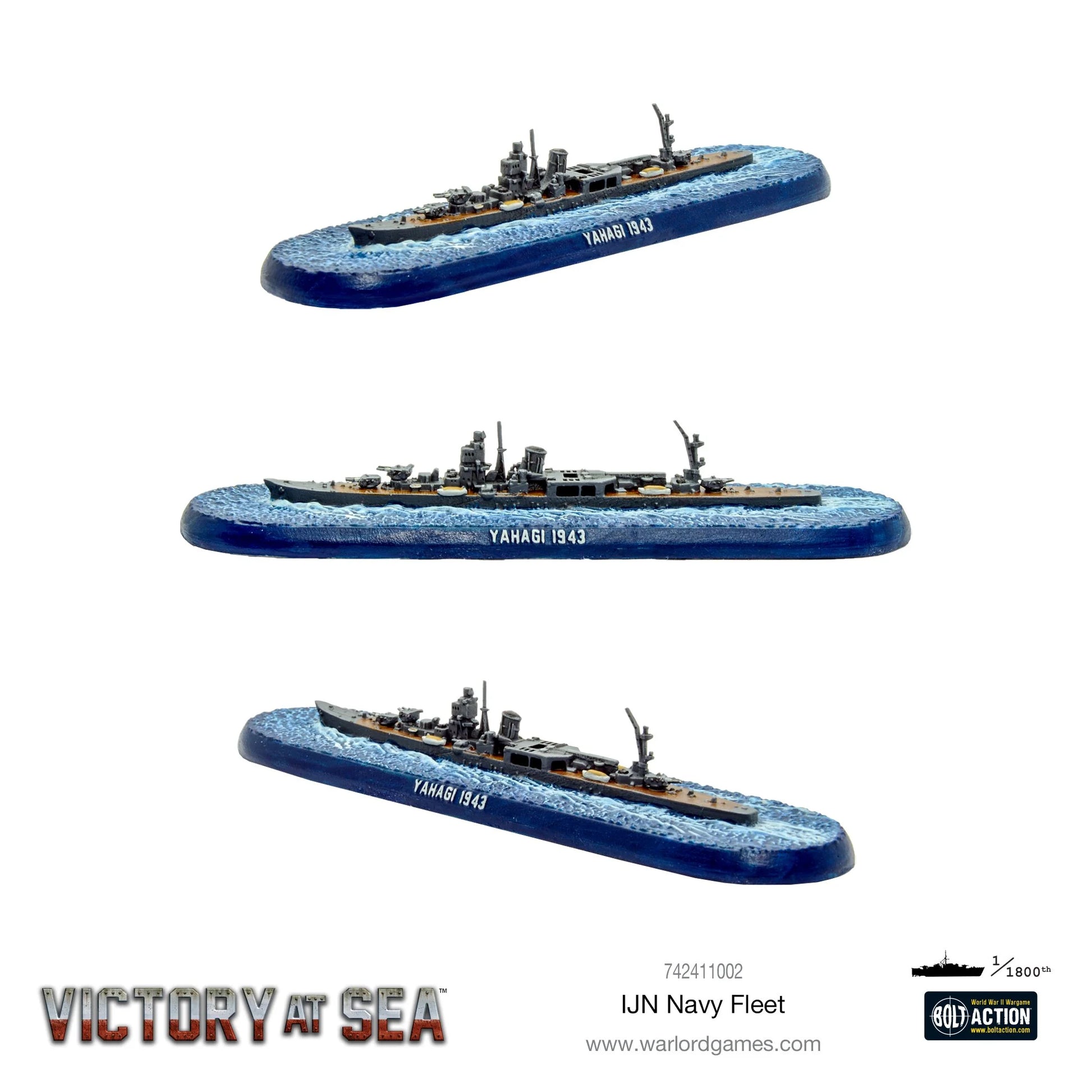Krążownik Yahagi 1943 (klasa Agano) – model żywiczny Victory at Sea w skali 1/1800, trzy ujęcia z różnych kątów
