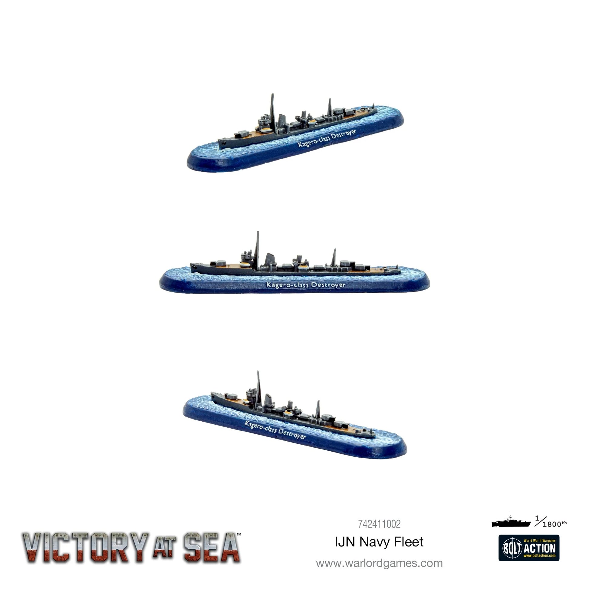 Niszczyciel klasy Kagerō 1941 – model żywiczny Victory at Sea w skali 1/1800, trzy ujęcia z różnych kątów
