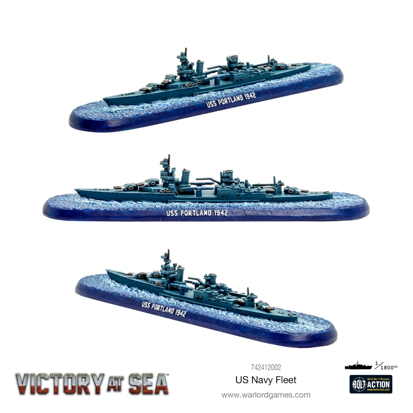 Krążownik USS Portland 1942 (klasa Portland) – model żywiczny Victory at Sea w skali 1/1800, trzy ujęcia z różnych kątów
