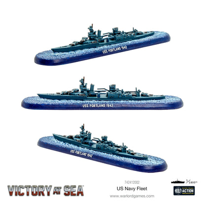 Krążownik USS Portland 1942 (klasa Portland) – model żywiczny Victory at Sea w skali 1/1800, trzy ujęcia z różnych kątów
