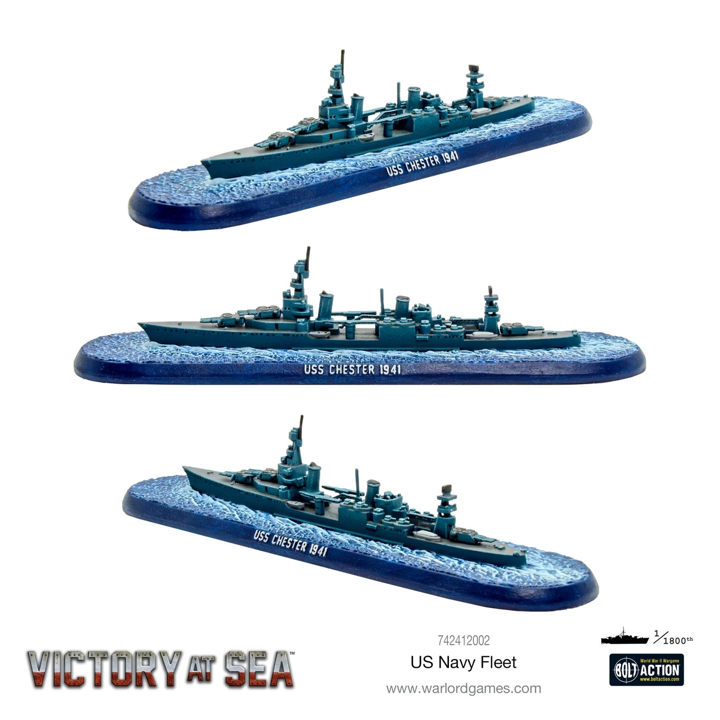 Krążownik USS Chester 1941 (klasa Northampton) – model żywiczny Victory at Sea w skali 1/1800, trzy ujęcia z różnych kątów
