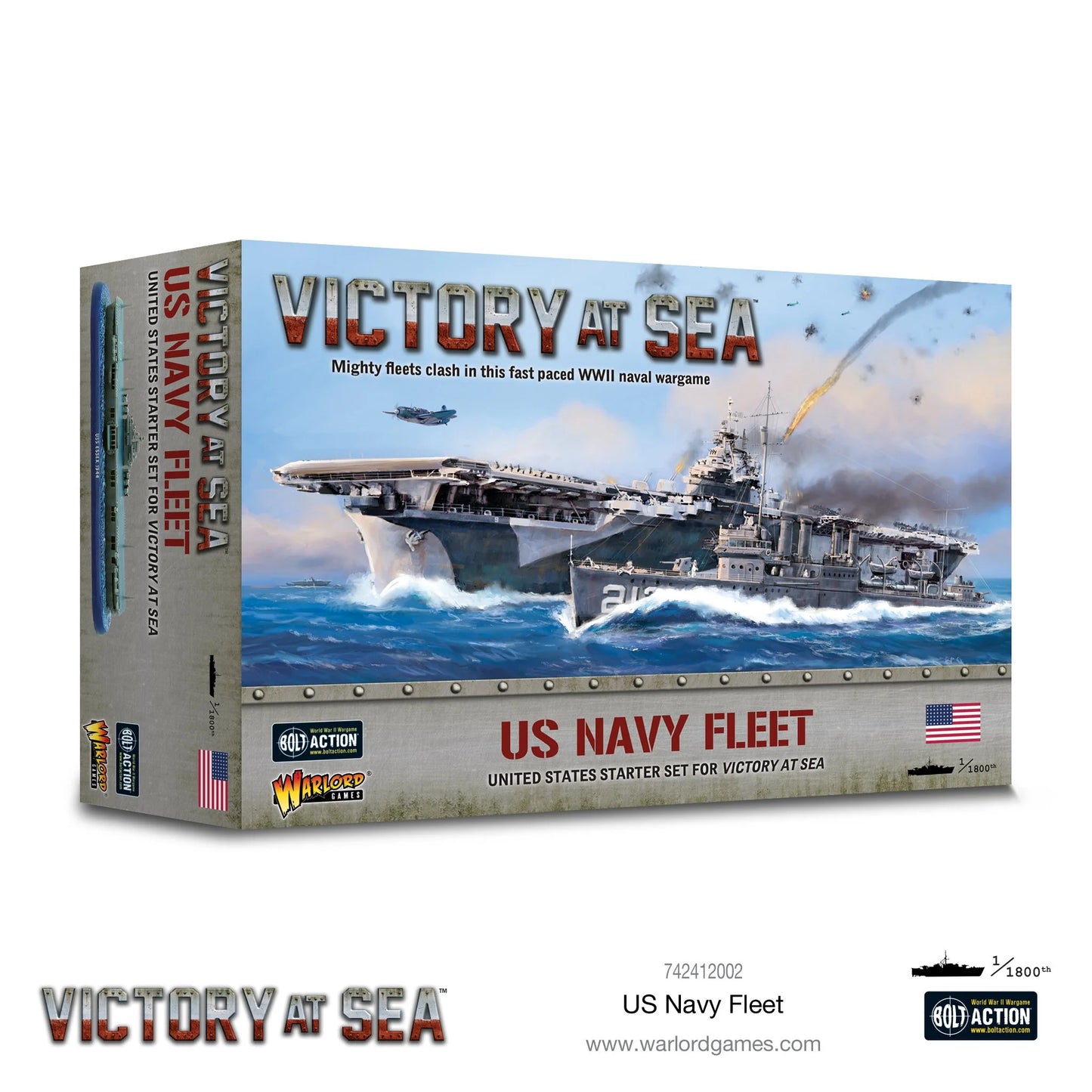 US Navy Fleet – pudełko zestawu startowego Victory at Sea z lotniskowcem USS Essex na okładce, skala 1/1800
