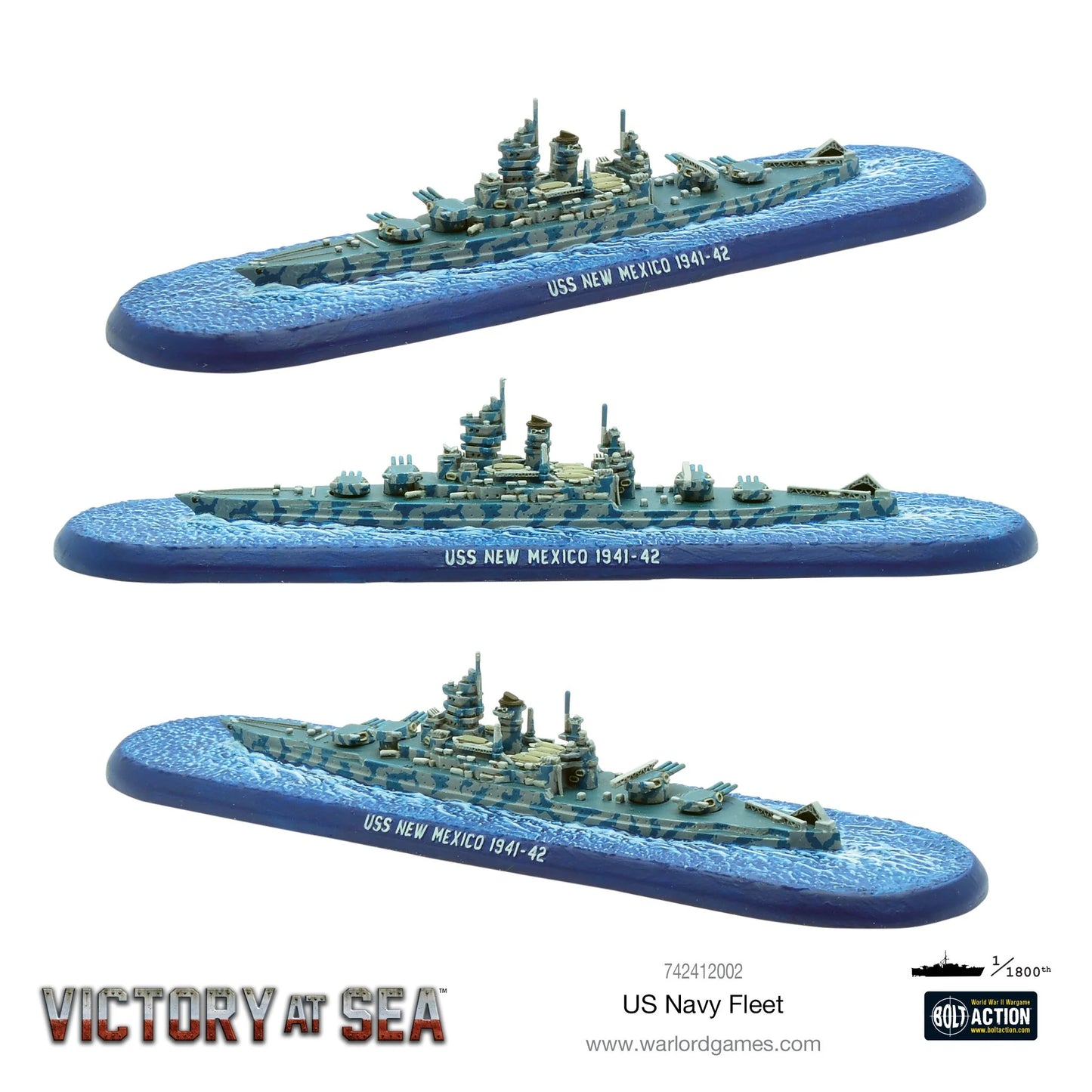 Pancernik USS New Mexico 1941-42 (klasa New Mexico) – model żywiczny Victory at Sea w skali 1/1800, trzy ujęcia z różnych kątów
