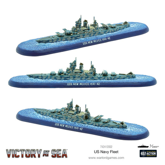 Pancernik USS New Mexico 1941-42 (klasa New Mexico) – model żywiczny Victory at Sea w skali 1/1800, trzy ujęcia z różnych kątów
