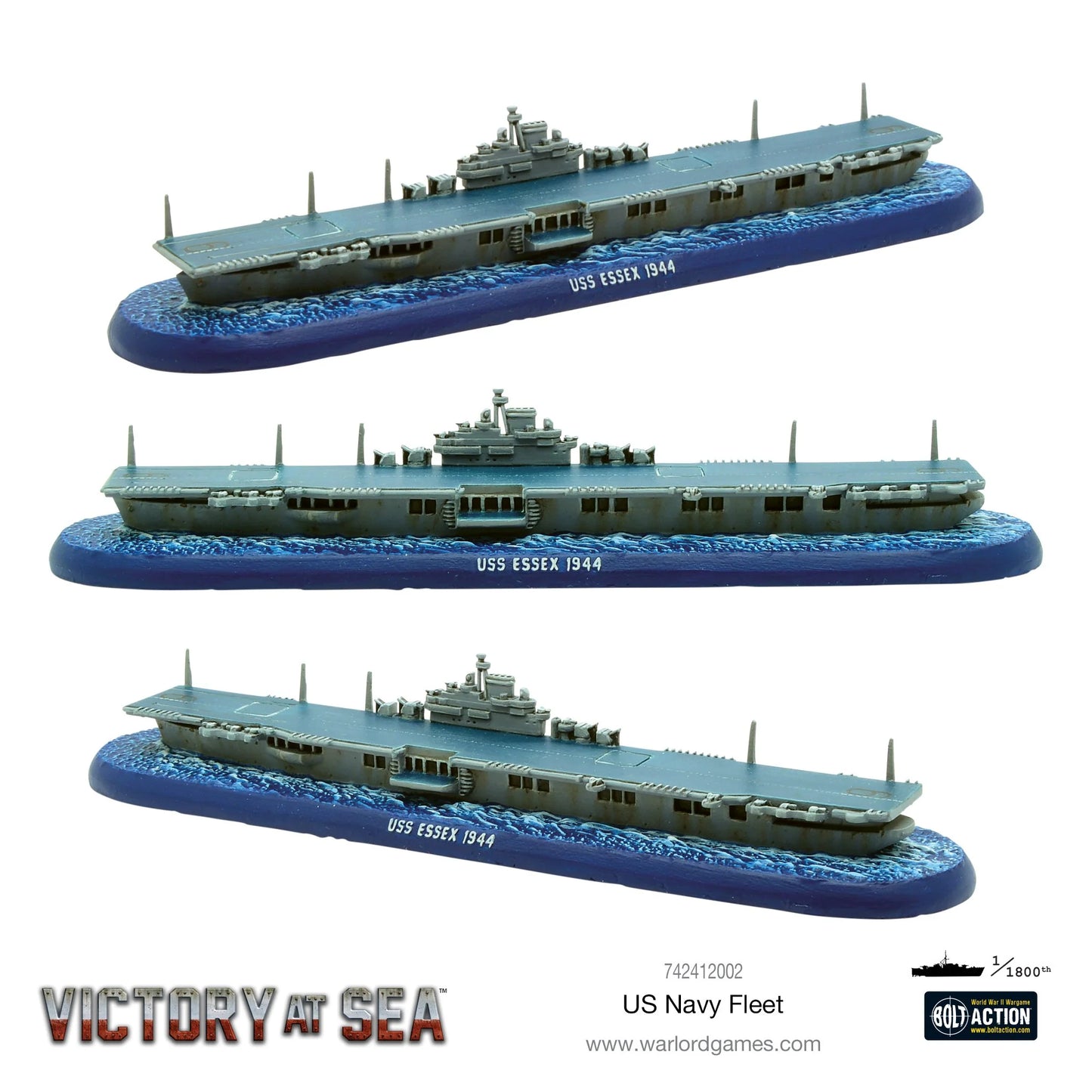 Lotniskowiec USS Essex 1944 (klasa Essex) – model żywiczny Victory at Sea w skali 1/1800, trzy ujęcia z różnych kątów
