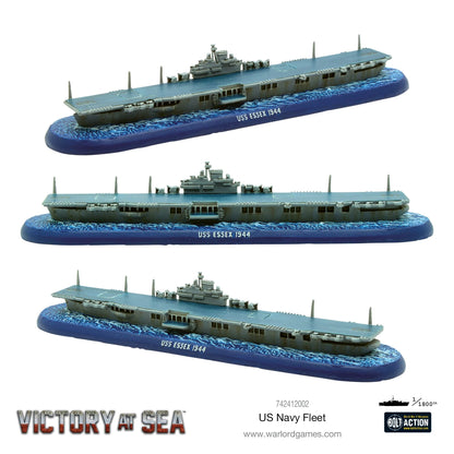 Lotniskowiec USS Essex 1944 (klasa Essex) – model żywiczny Victory at Sea w skali 1/1800, trzy ujęcia z różnych kątów
