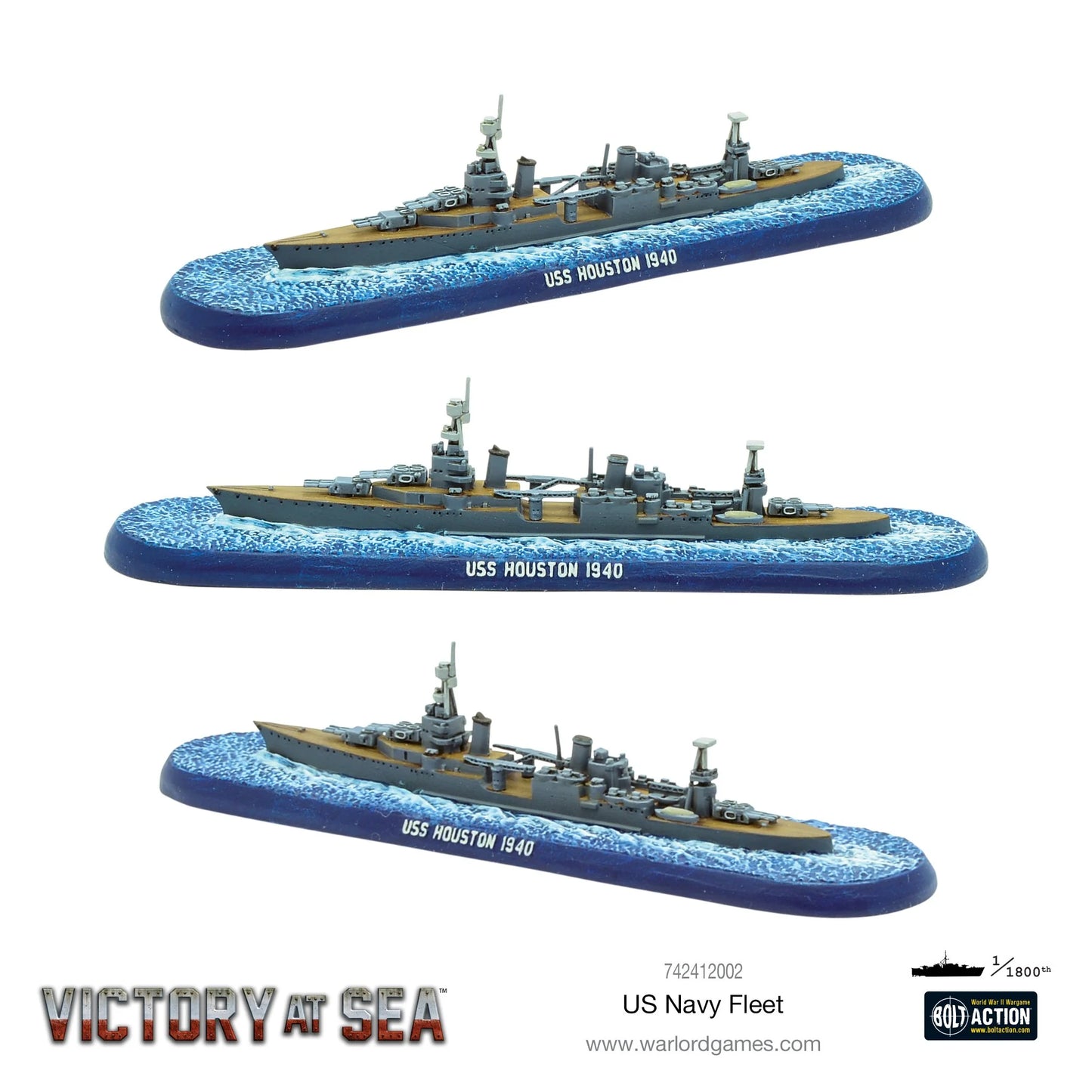 Krążownik USS Houston 1940 (klasa Northampton) – model żywiczny Victory at Sea w skali 1/1800, trzy ujęcia z różnych kątów
