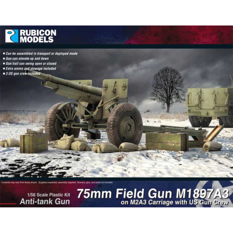 75mm Field Gun M1897A3 na lawecie M2A3 z obsługą US Army – Rubicon Models 280127, skala 1:56, Bolt Action WWII