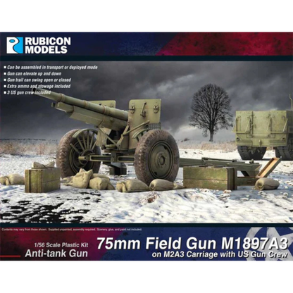 75mm Field Gun M1897A3 na lawecie M2A3 z obsługą US Army – Rubicon Models 280127, skala 1:56, Bolt Action WWII