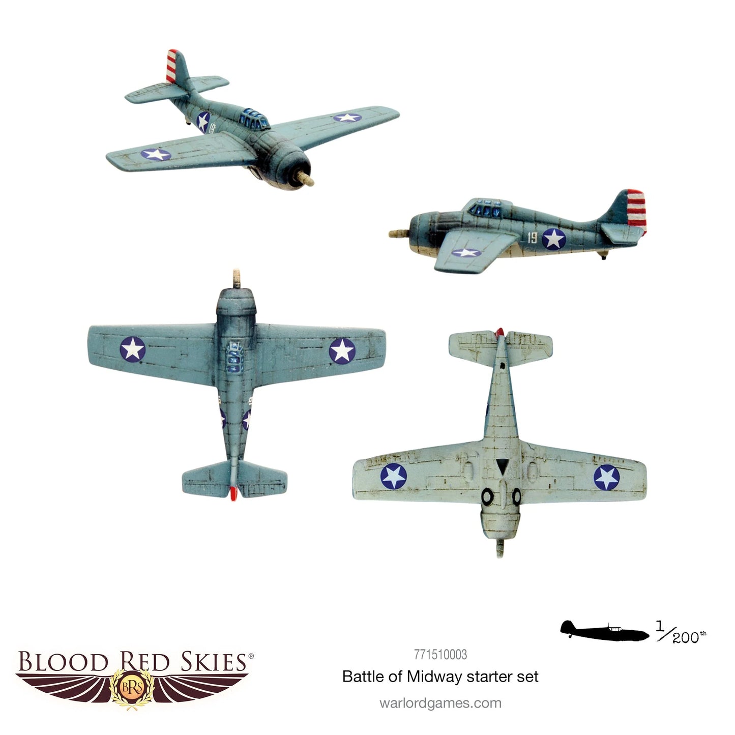 Blood Red Skies Battle of Midway 771510003 - 4 samoloty USN pomalowane białe tło: Wildcat szary z białymi gwiazdami widok z boku i z góry, Wildcat widok z przodu i z tyłu - różne kąty