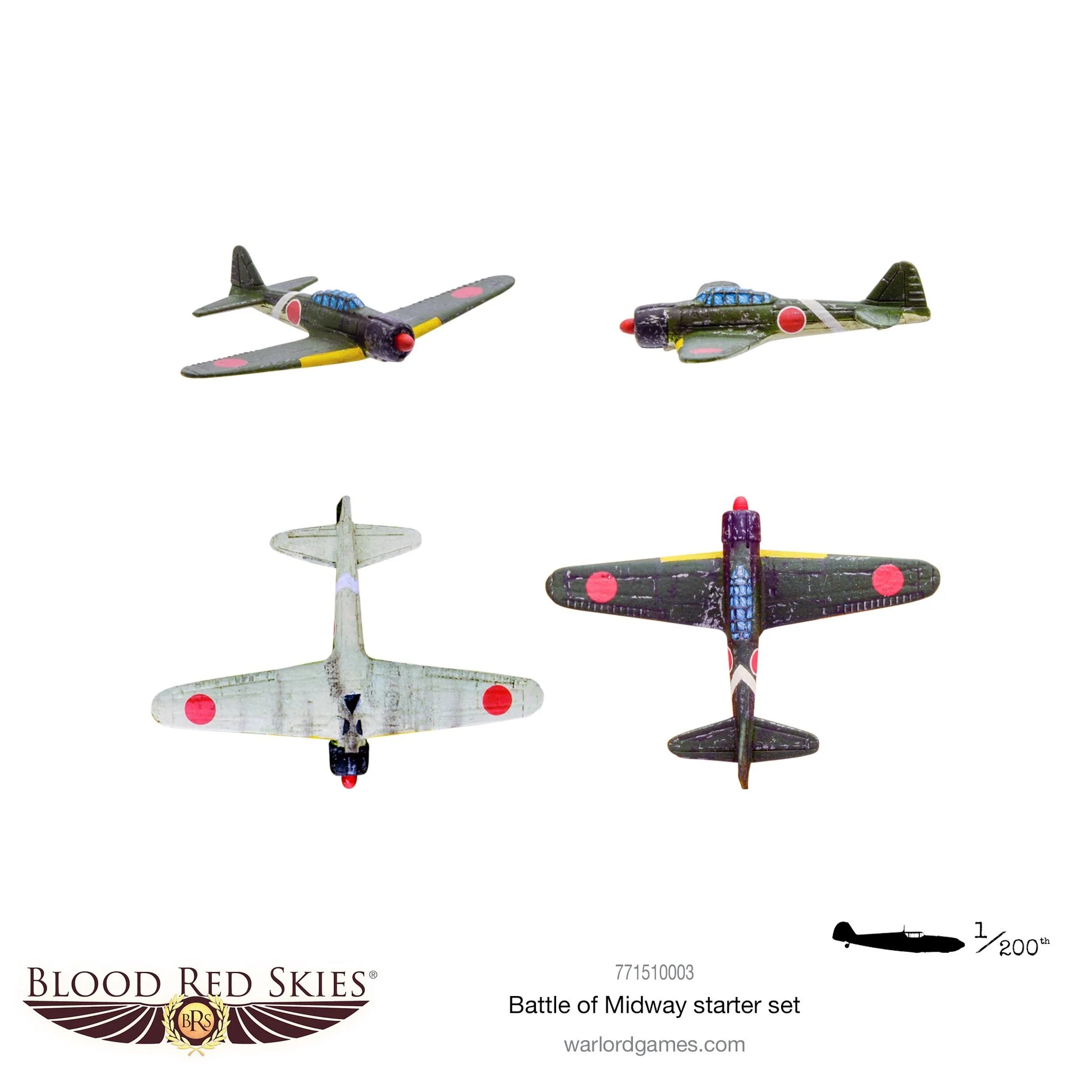 Blood Red Skies Battle of Midway 771510003 - 4 samoloty IJN pomalowane białe tło: 2 Zero zielone kamuflaż z czerwonymi kołami górny rząd, Zero białe z czerwonymi kołami dolny lewy, Zero czarne z czerwonymi kołami dolny prawy - różne wersje malowania