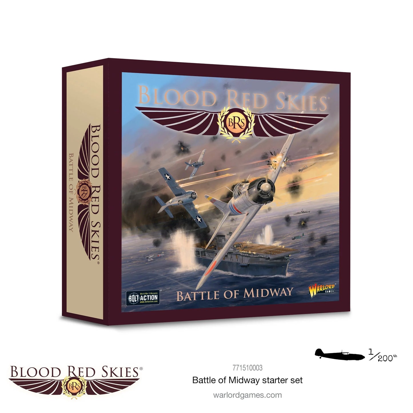 Blood Red Skies Battle of Midway 771510003 - pudełko starter set: logo Blood Red Skies złote skrzydła, scena bitwy powietrznej Wildcat vs Zero nad lotniskowcem z eksplozjami, BATTLE OF MIDWAY napis, logo Bolt Action i Warlord Games