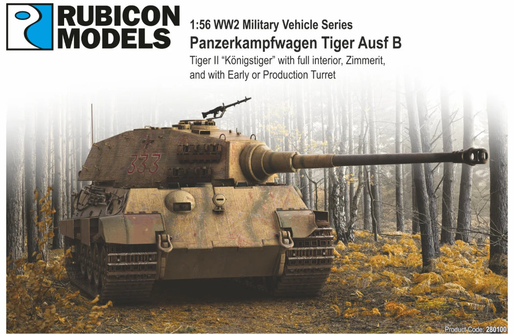 Rubicon Models 280100 Tiger II Königstiger z Zimmeritem – ilustracja okładki: czołg ciężki Tiger II w kamuflażu piaskowym z zielonymi plamami i Zimmeritem, numer 333 na wieży produkcyjnej Henschel, armata 88mm KwK 43 L/71, jedzie przez jesienny las, logo Rubicon Models 1:56 WW2 Military Vehicle Series
