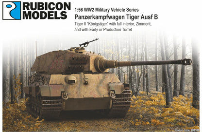 Rubicon Models 280100 Tiger II Königstiger z Zimmeritem – ilustracja okładki: czołg ciężki Tiger II w kamuflażu piaskowym z zielonymi plamami i Zimmeritem, numer 333 na wieży produkcyjnej Henschel, armata 88mm KwK 43 L/71, jedzie przez jesienny las, logo Rubicon Models 1:56 WW2 Military Vehicle Series