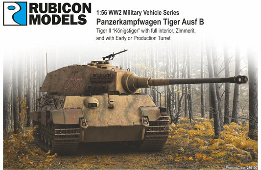 Rubicon Models 280100 Tiger II Königstiger z Zimmeritem – ilustracja okładki: czołg ciężki Tiger II w kamuflażu piaskowym z zielonymi plamami i Zimmeritem, numer 333 na wieży produkcyjnej Henschel, armata 88mm KwK 43 L/71, jedzie przez jesienny las, logo Rubicon Models 1:56 WW2 Military Vehicle Series