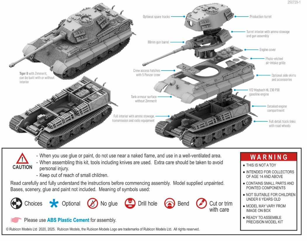 Rubicon Models 280100 Tiger II Königstiger z Zimmeritem – schemat montażu 1/56 28mm: rozstrzelony widok elementów (wieża produkcyjna z wnętrzem i składowaniem amunicji, armata 88mm, pokrywa silnika, krata wlotu powietrza photo-etch, boczne osłony, silnik V12 Maybach, gąsienice z kołami jezdnymi), 5 figurek załogi Panzer