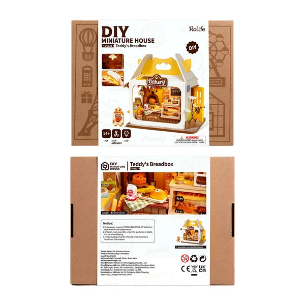 Piekarnia Teddy's Breadbox Rolife DS033 – zbliżenie na wnętrze z ladą sklepową i miniaturowymi produktami piekarniczymi