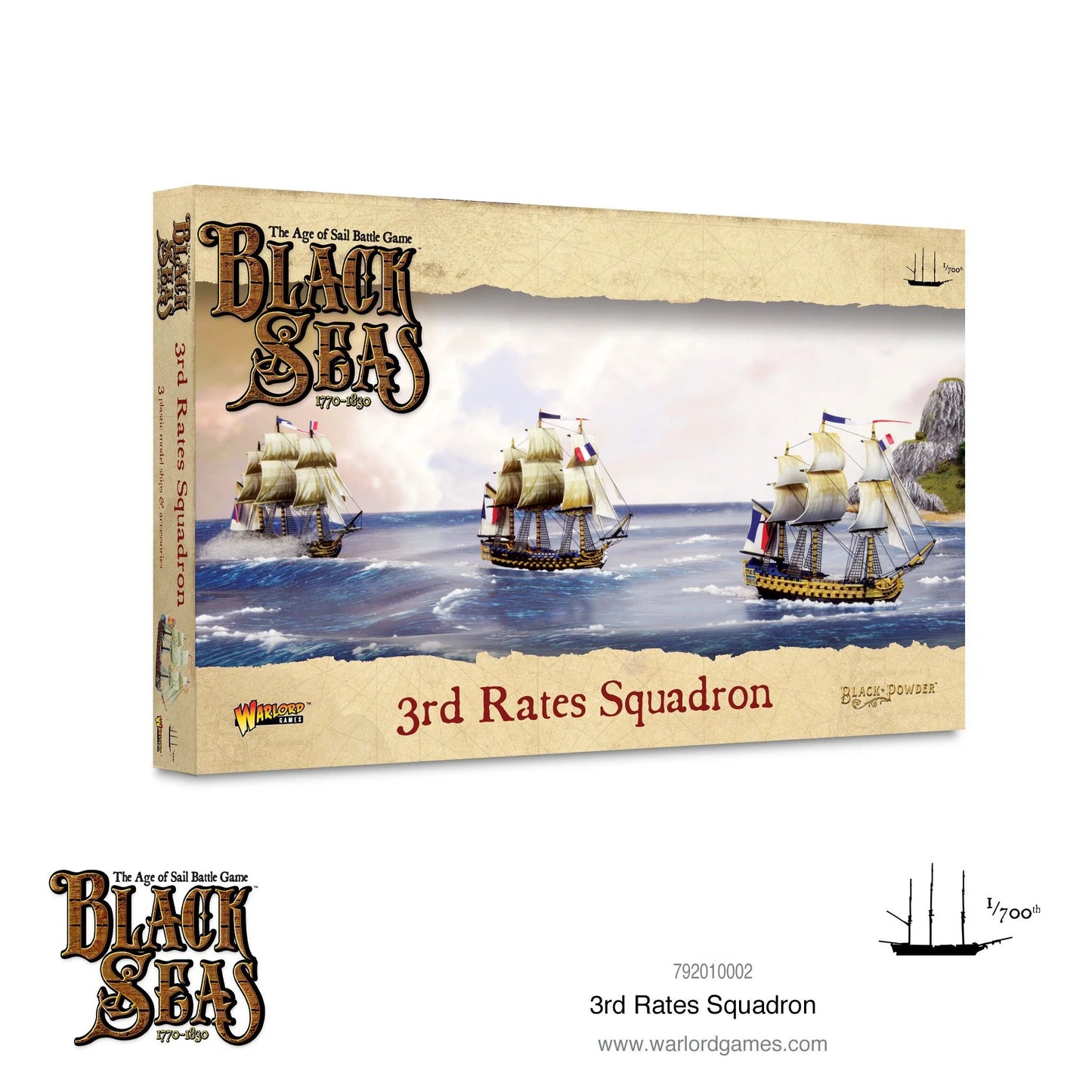 Pudełko zestawu 3rd Rates Squadron 792010002 – Black Seas Age of Sail Battle Game 1770-1830, ilustracja trzech okrętów liniowych 3. rangi na wzburzonym morzu, Warlord Games

