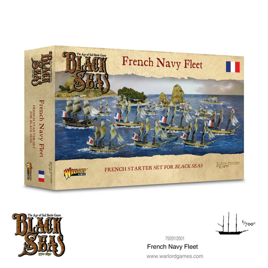 Pudełko zestawu French Navy Fleet 792012001 – Black Seas French Starter Set 1770-1830, ilustracja floty Marynarki Francuskiej na morzu z flagami trójkolorowymi, Warlord Games
