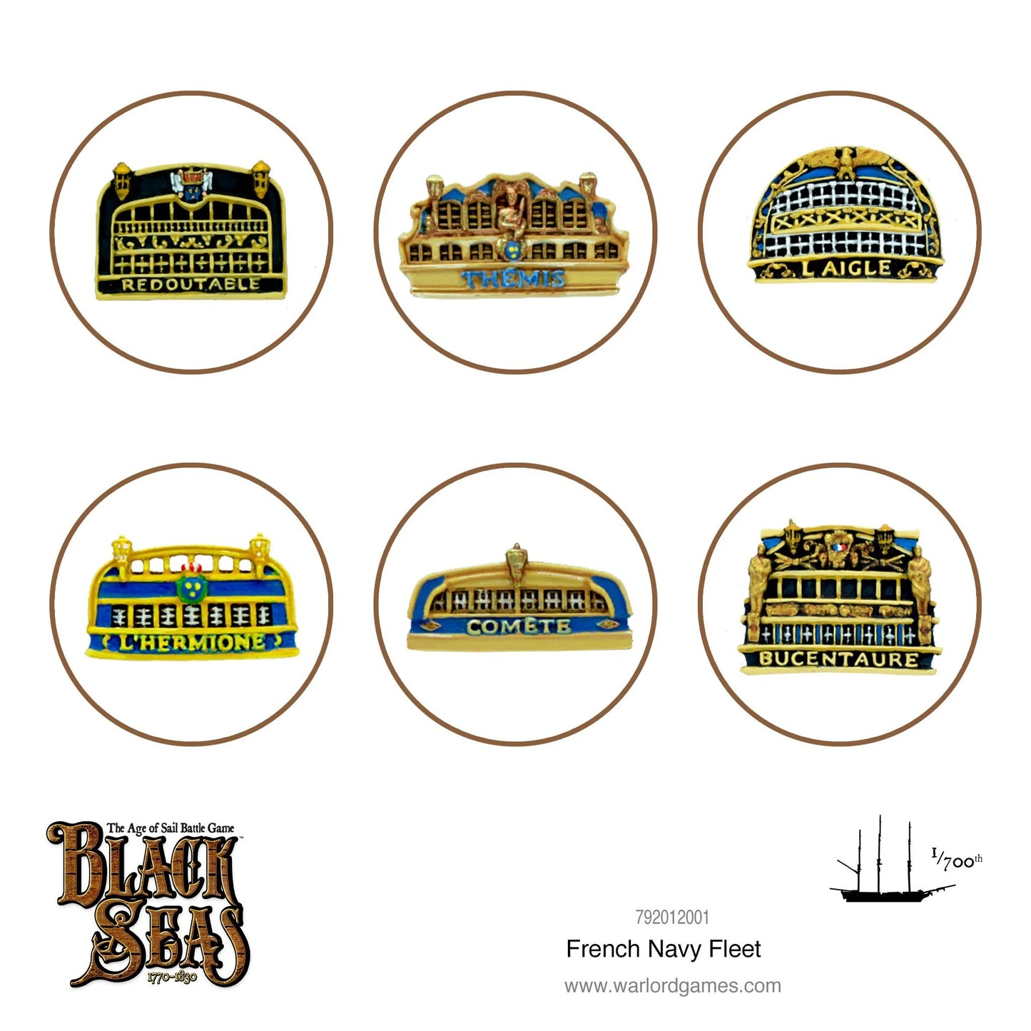 French Navy Fleet 792012001 – sześć metalowych płyt rufowych okrętów: Redoutable, Thémis, L'Aigle, L'Hermione, Comète i Bucentaure w kolorach czarnym, złotym i niebieskim, skala 1:700 Black Seas
