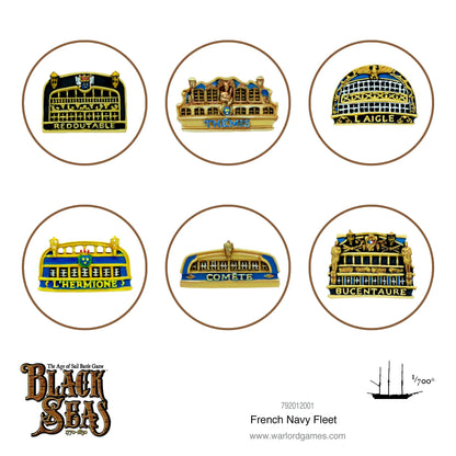 French Navy Fleet 792012001 – sześć metalowych płyt rufowych okrętów: Redoutable, Thémis, L'Aigle, L'Hermione, Comète i Bucentaure w kolorach czarnym, złotym i niebieskim, skala 1:700 Black Seas
