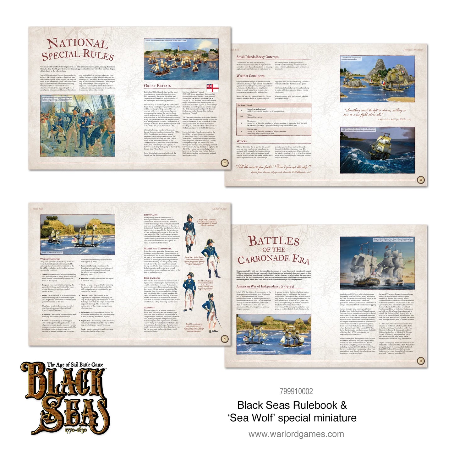 Black Seas Rulebook – rozkładówki: National Special Rules Wielkiej Brytanii, zasady warunków pogodowych i rozbitków, sekcja Battles of the Carronade Era z bitwami Amerykańskiej Wojny o Niepodległość, ilustracje oficerów Royal Navy
