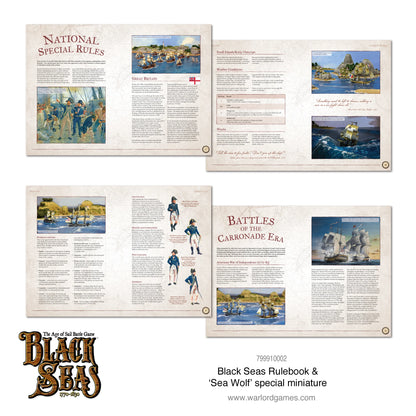 Black Seas Rulebook – rozkładówki: National Special Rules Wielkiej Brytanii, zasady warunków pogodowych i rozbitków, sekcja Battles of the Carronade Era z bitwami Amerykańskiej Wojny o Niepodległość, ilustracje oficerów Royal Navy
