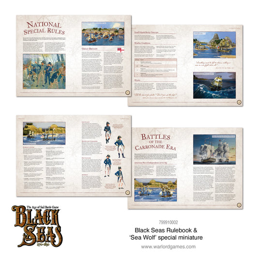 Black Seas Rulebook – rozkładówki: National Special Rules Wielkiej Brytanii, zasady warunków pogodowych i rozbitków, sekcja Battles of the Carronade Era z bitwami Amerykańskiej Wojny o Niepodległość, ilustracje oficerów Royal Navy

