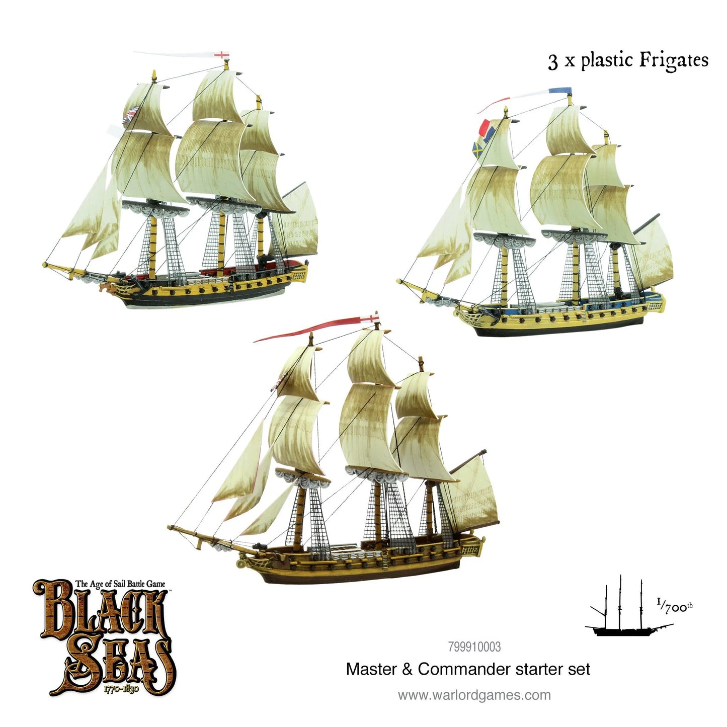 Master & Commander Starter Set 799910003 – trzy pomalowane plastikowe fregaty w skali 1:700 z białymi żaglami i flagami brytyjską, francuską i holenderską, Black Seas Warlord Games
