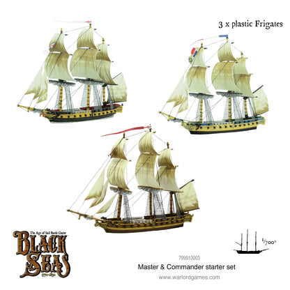 Master & Commander Starter Set 799910003 – trzy pomalowane plastikowe fregaty w skali 1:700 z białymi żaglami i flagami brytyjską, francuską i holenderską, Black Seas Warlord Games
