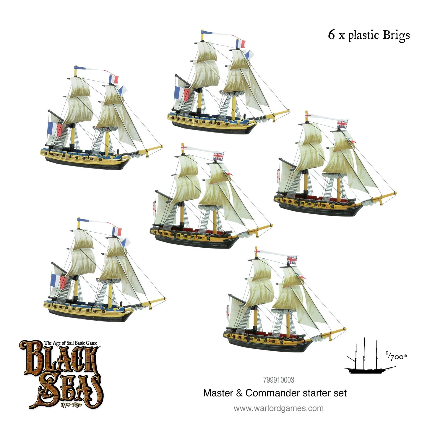 Master & Commander Starter Set 799910003 – sześć pomalowanych plastikowych brygów w skali 1:700 z białymi żaglami i flagami brytyjską i francuską, Black Seas Warlord Games

