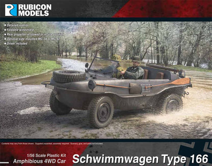 Schwimmwagen Type 166 – okładka pudełka Rubicon Models, model na rzece z kierowcą, 280080