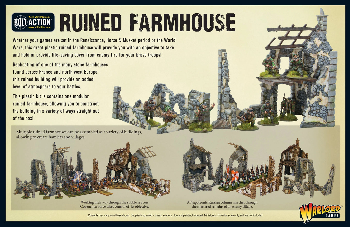 Ruined Farmhouse - tył opakowania Bolt Action: modularny plastikowy zrujnowany dom wiejski 28mm - przykłady konfiguracji z żołnierzami Scots Covenanter i napoleońskimi Rosjanami - kamienne ruiny z drewnianymi belkami, zniszczone ściany, brakujący dach - wiele wariantów montażu do tworzenia wiosek - kod produktu 802010004 - Warlord Games