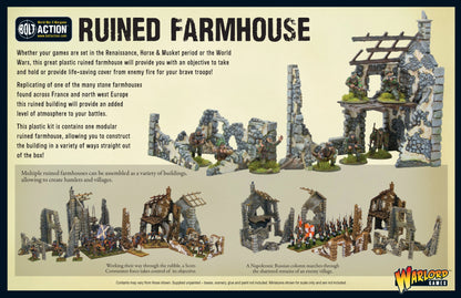 Ruined Farmhouse - tył opakowania Bolt Action: modularny plastikowy zrujnowany dom wiejski 28mm - przykłady konfiguracji z żołnierzami Scots Covenanter i napoleońskimi Rosjanami - kamienne ruiny z drewnianymi belkami, zniszczone ściany, brakujący dach - wiele wariantów montażu do tworzenia wiosek - kod produktu 802010004 - Warlord Games