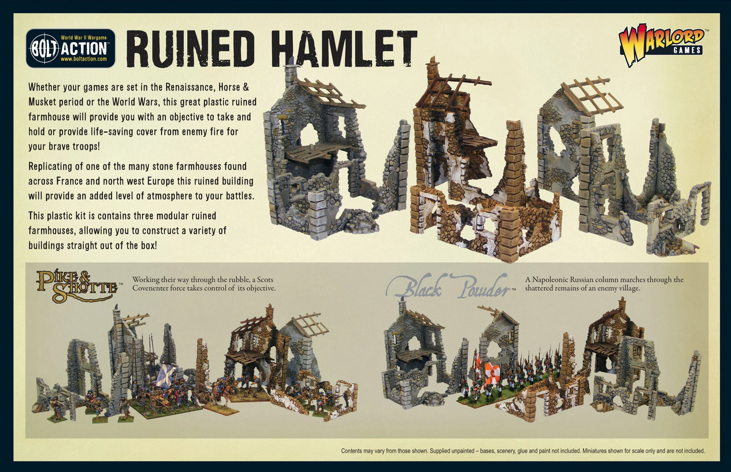 Ruined Hamlet - tył opakowania Bolt Action: 3 modułowe zrujnowane domy wiejskie 28mm - przykłady konfiguracji z żołnierzami Pike & Shotte (Scots Covenanter) i Black Powder (napoleońscy Rosjanie) - kamienne ruiny różnej wysokości z drewnianymi belkami, zniszczone ściany, brakujące dachy, wolnostojące kolumny - replika kamiennych domów z Francji i północno-zachodniej Europy - Warlord Games