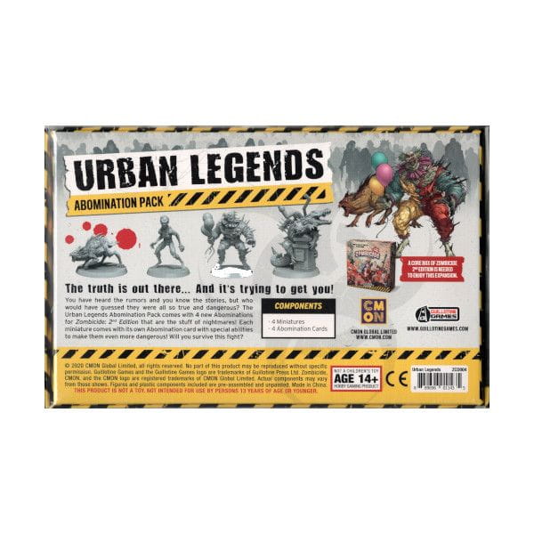 Zombicide Urban Legends Abomination Pack – tył pudełka z opisem zawartości i oznaczeniem CE
