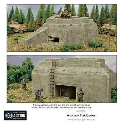 Flak Bunker 842010001 - pomalowany plastikowy bunker R677 28mm diorama: beżowy betonowy bunker z poziomymi deskami szalunkowymi, dwa zdjęcia - górne: bunker z działem flak na dachu, pojazdy Sd.Kfz po bokach, las z drzew iglastych w tle - dolne: widok z tyłu z otwartymi drzwiami, żołnierze niemieccy atakujący, metalowa drabina - Infantry vehicles anti-tank gun and anti-aircraft gun models shown for scale purposes only - logo Bolt Action - 842010001 Anti-tank Flak Bunker - www.warlordgames.com