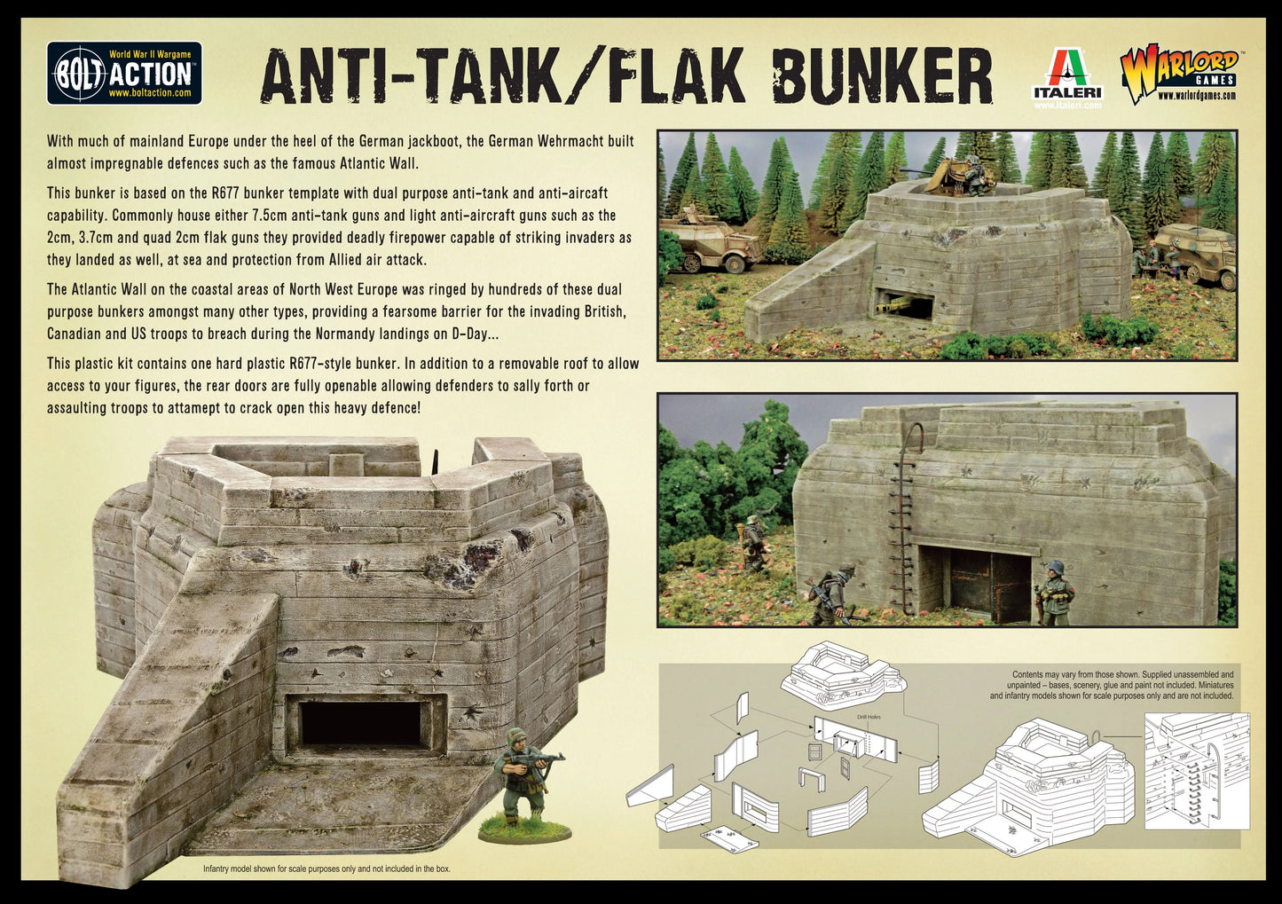 Flak Bunker 842010001 - tył opakowania Anti-Tank/Flak Bunker - logo Bolt Action Italeri Warlord Games: opis produktu po lewej - bunker R677 z podwójnym przeznaczeniem przeciwpancernym i przeciwlotniczym, Wał Atlantycki, D-Day - zdjęcia po prawej: bunker z działem flak i pojazdami w lesie, bunker z tyłu z żołnierzami i drabiną, schemat montażu z instrukcjami - Infantry model shown for scale purposes only - www.boltaction.com