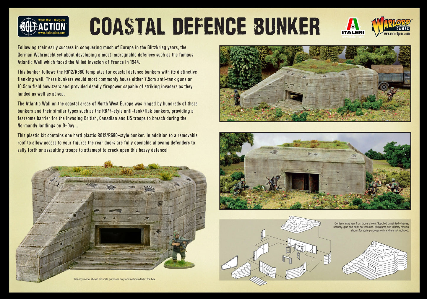 Coastal Defence Bunker 842010002 - tył opakowania Coastal Defence Bunker - logo Bolt Action Italeri Warlord Games: opis produktu po lewej - bunker R612/R680 z charakterystyczną ścianą boczną, Wał Atlantycki, D-Day, działa 7.5cm i haubice 10.5cm - zdjęcia po prawej: bunker z pojazdem i żołnierzami w lesie, bunker z tyłu z atakującymi żołnierzami, schemat montażu z instrukcjami - Infantry model shown for scale purposes only - www.boltaction.com