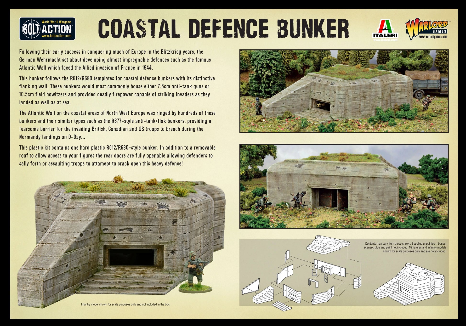 Coastal Defence Bunker 842010002 - tył opakowania Coastal Defence Bunker - logo Bolt Action Italeri Warlord Games: opis produktu po lewej - bunker R612/R680 z charakterystyczną ścianą boczną, Wał Atlantycki, D-Day, działa 7.5cm i haubice 10.5cm - zdjęcia po prawej: bunker z pojazdem i żołnierzami w lesie, bunker z tyłu z atakującymi żołnierzami, schemat montażu z instrukcjami - Infantry model shown for scale purposes only - www.boltaction.com