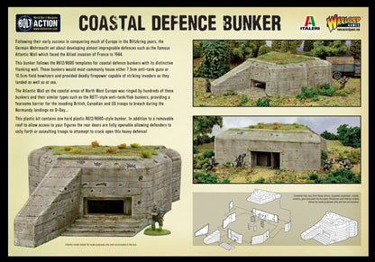 Coastal Defence Bunker 842010002 - tył opakowania Coastal Defence Bunker - logo Bolt Action Italeri Warlord Games: opis produktu po lewej - bunker R612/R680 z charakterystyczną ścianą boczną, Wał Atlantycki, D-Day, działa 7.5cm i haubice 10.5cm - zdjęcia po prawej: bunker z pojazdem i żołnierzami w lesie, bunker z tyłu z atakującymi żołnierzami, schemat montażu z instrukcjami - Infantry model shown for scale purposes only - www.boltaction.com
