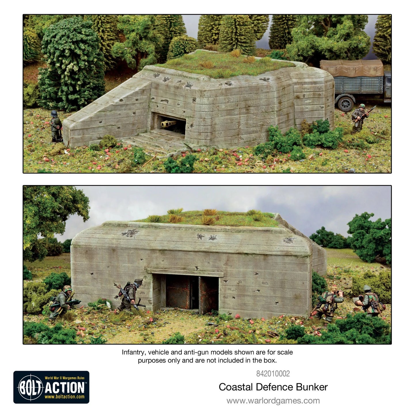 Coastal Defence Bunker 842010002 - pomalowany plastikowy bunker R612/R680 28mm diorama: górne zdjęcie - bunker z charakterystyczną ścianą boczną flanking wall, zdejmowany dach z zieloną trawą, żołnierze niemieccy, pojazd Opel Blitz po prawej, gęsty las z drzew w tle - dolne zdjęcie - widok z tyłu z w pełni otwartymi podwójnymi drzwiami, żołnierze alianccy atakujący bunker - Infantry vehicle and anti-gun models shown for scale purposes only - 842010002 Coastal Defence Bunker - www.warlordgames.com