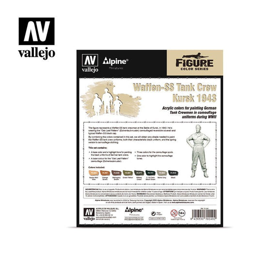 Vallejo 70249 Waffen-SS Tank Crew Kursk 1943 – tył pudełka z opisem zestawu, schematem figurki i listą 8 kolorów: Sunny Skin Tone, Orange Brown, Mahogany Brown, Green Yellow, Military Green, SS Dark Black Green, Stone Grey, Black
