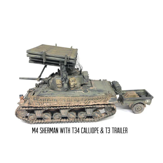 Rubicon Models 280060 – M4 Sherman z T34 Calliope i przyczepa T3, widok z boku, skala 1:56