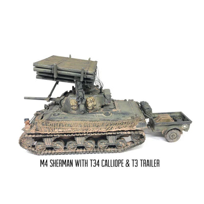 Rubicon Models 280060 – M4 Sherman z T34 Calliope i przyczepa T3, widok z boku, skala 1:56