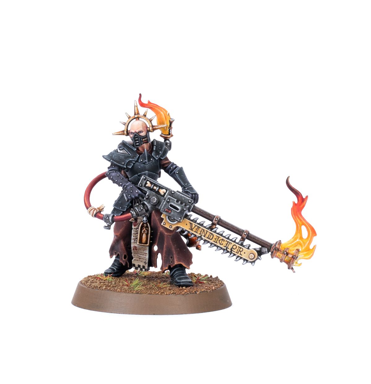 Ministorum Priest with Vindictor - czarny pancerz brązowa szata złota korona z kolcami i płomieniem Vindictor z napisem i płomieniami Imperial Agents Warhammer 40000